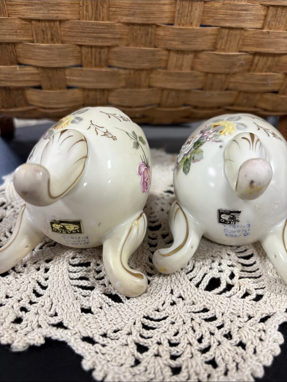 vintage 1960s Inarco porcelain egg-shaped vases with hand-painted floral designs